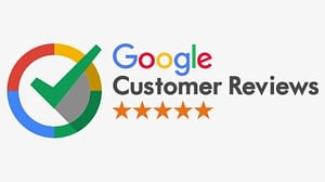a red, yellow, green, and blue circle, inside of which there is a green check mark. Text reads Google Customer Reviews above five orange stars.