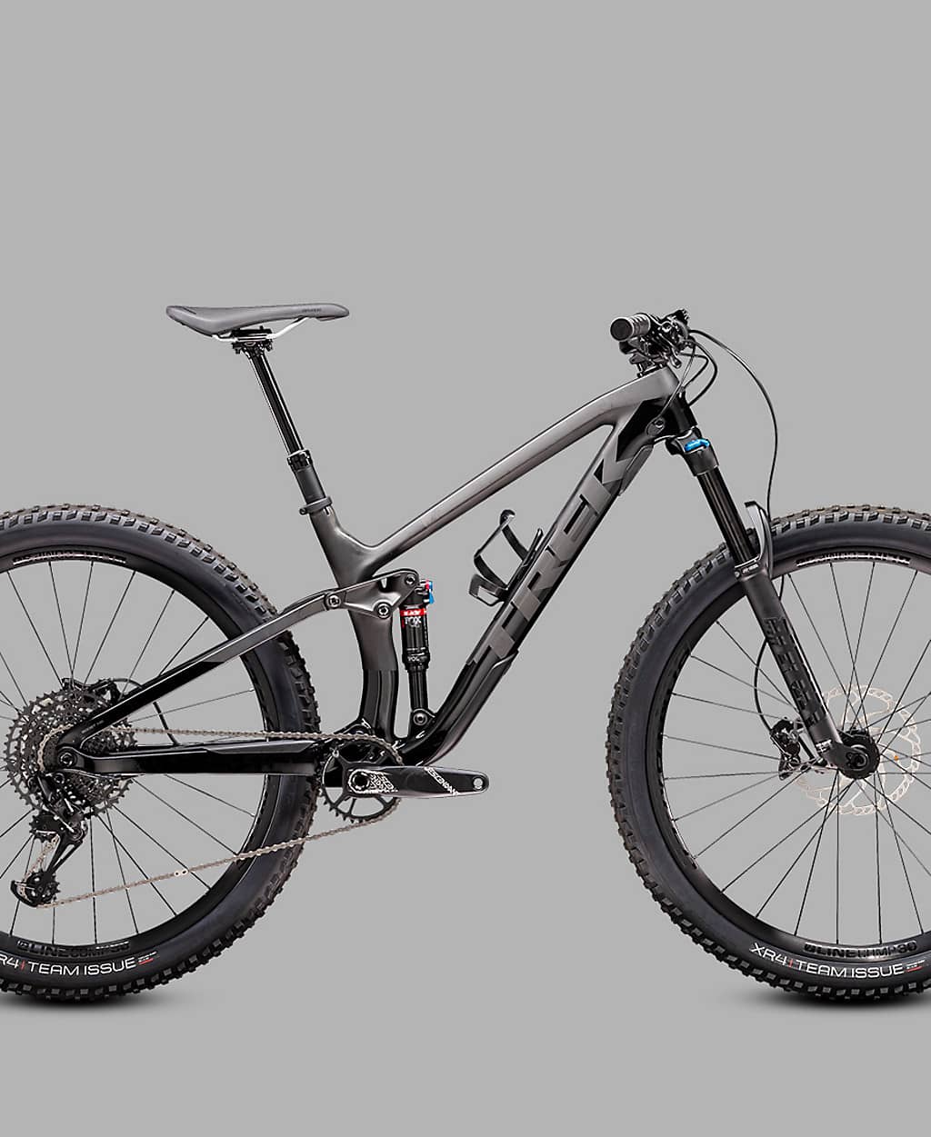 a black and grey full suspension bicycle