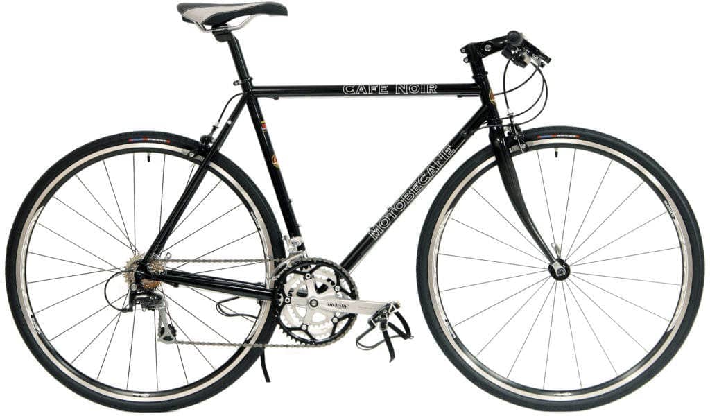 a black hybrid bicycle with the phrase "cafe noir" written on it in white letters.