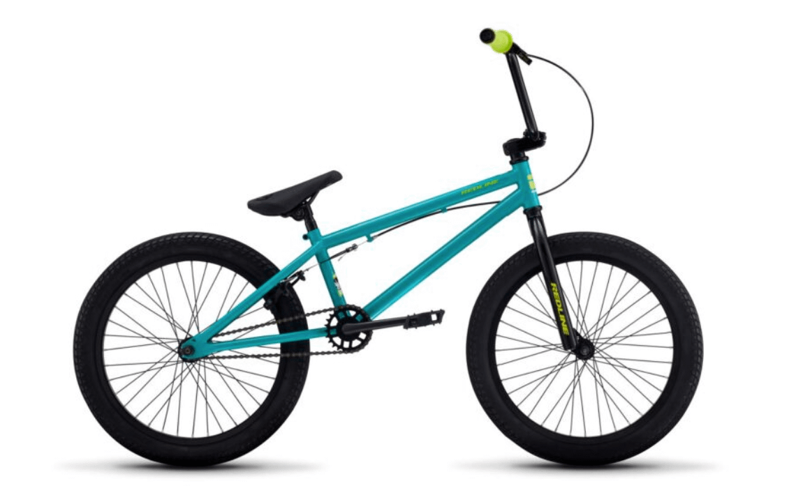 a teal redline rival kids bike with yellow writing