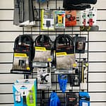 a wall of bike accessories in a bike shop