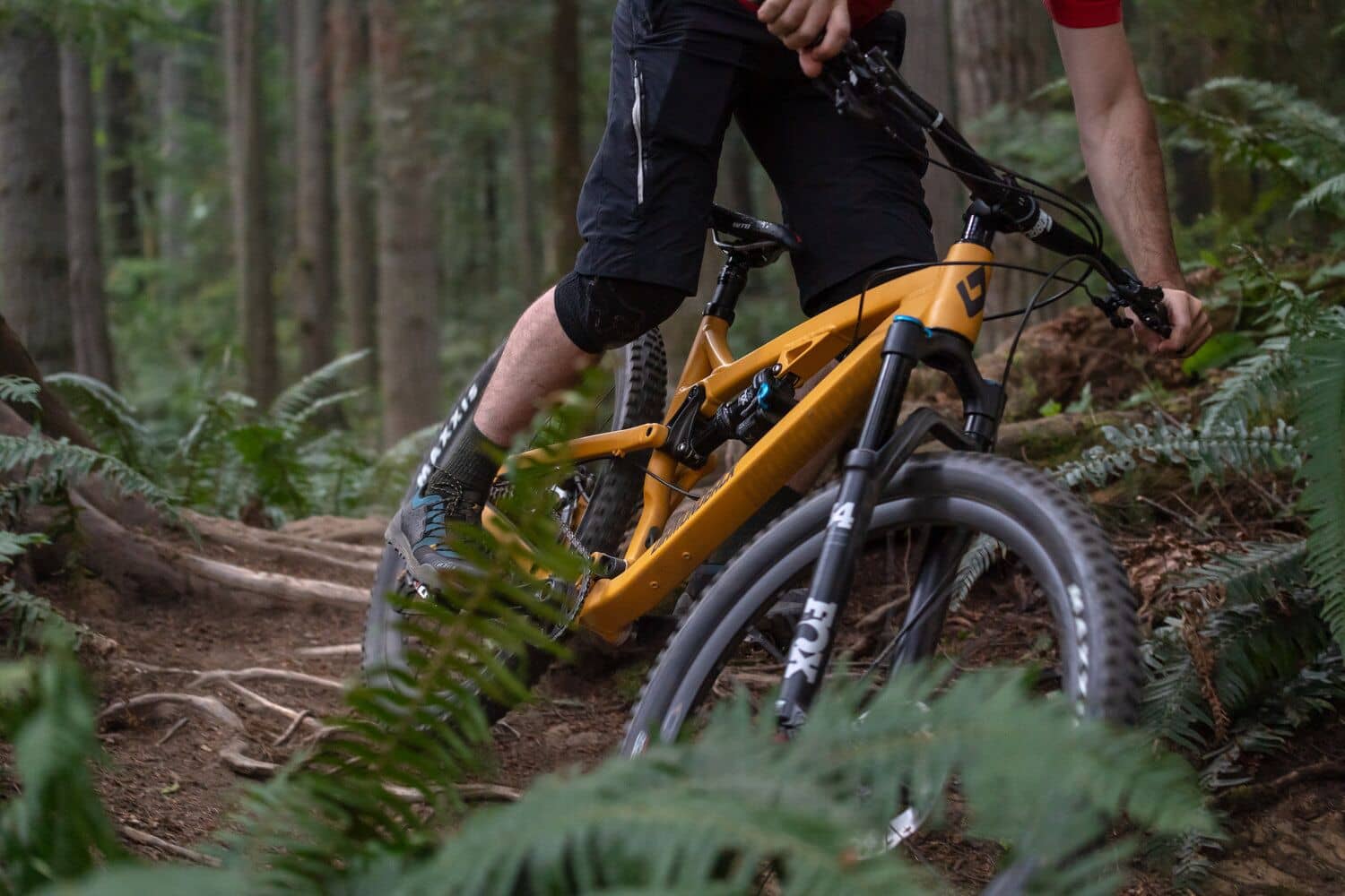 the legs of a biker in black shorts on a yellow mountain bike in a forest