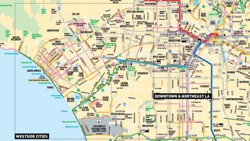 a yellow map of the city and subways of los angeles