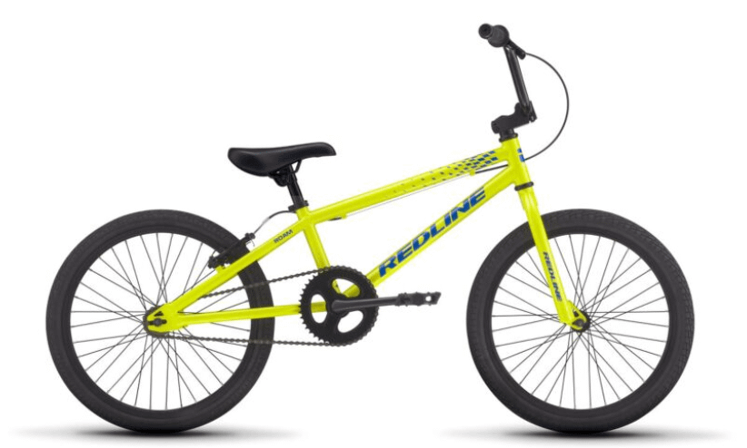 a yellow redline roam bicycle with blue writing