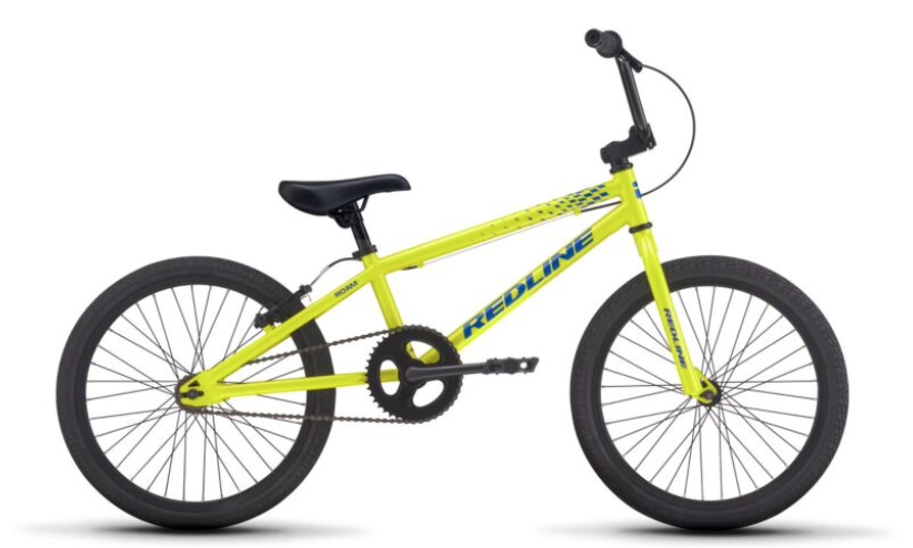 a yellow redline roam bicycle with blue writing